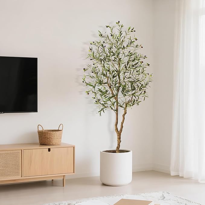 6 Ft Artificial Olive Trees, Fake Potted Silk Plant Faux Olive Tree with Trunk and Fruits, Indoor Outdoor Artificial Tree Large Olive Plants for Living Room Home House Office Decor
