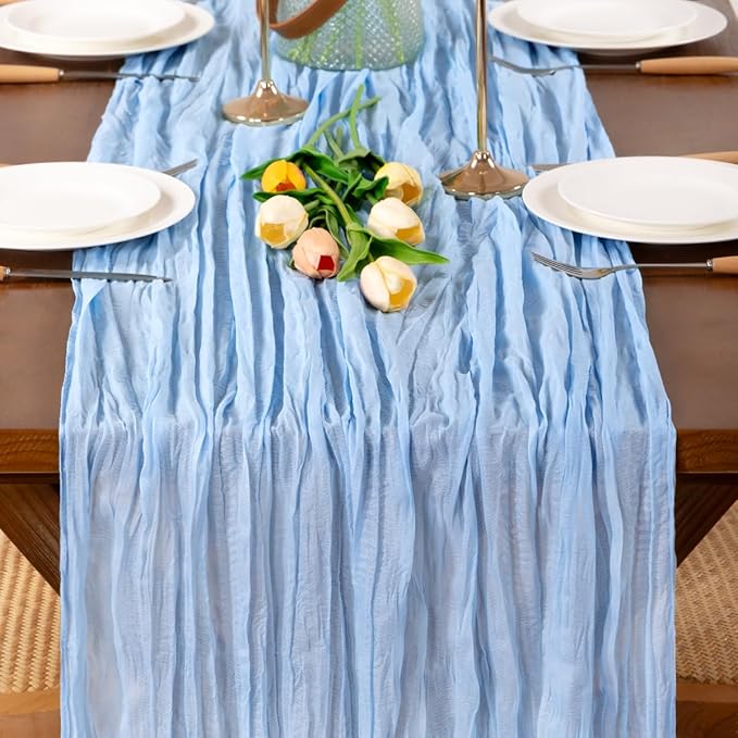 Baby Blue Table Runner 3pcs Light Blue Valentine's Day Cheesecloth Table Runner 22×120 inches 10FT Boho Gauze Table Decor for Farmhouse Wedding Baby Shower Birthday Party Ceremony