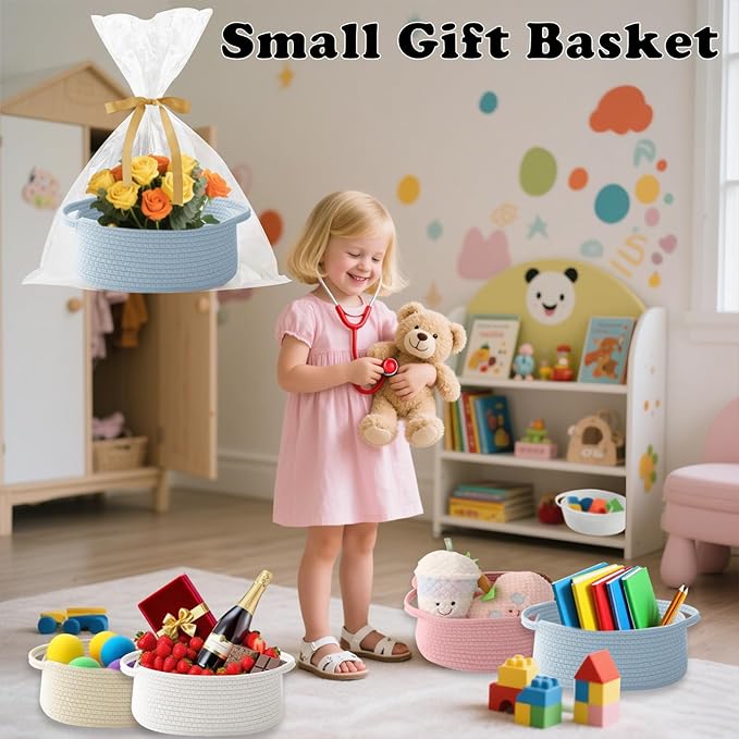 Small Woven Rope Basket-Empty Gifts Basket with Bag and Ribbons,Cute Handle Organizer Box for Birthday/Baby Shower, Toy Storage, Nursery Organizing & Shelf Decor(Blue)