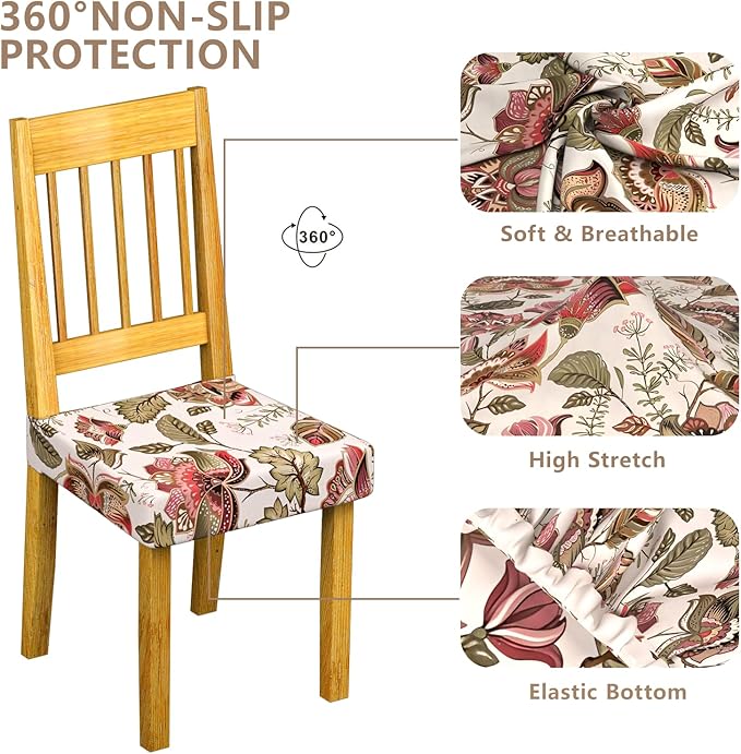 Stretch Dining Chair Seat Covers Set of 2,Dining Chair Slipcovers, Floral Printed Chair Covers,Soft Fabric Washable Upholstered Chair Seat Protector, No Rear Covers for Home Kitchen Dining Room