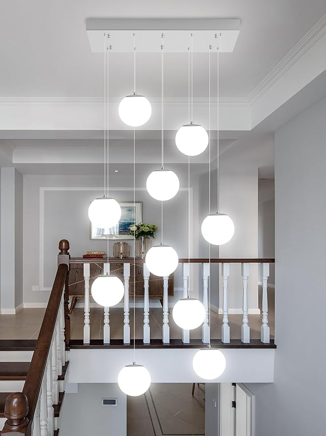Chandeliers for Living Room Silver Pendant Light with White Globe Glass Dimmable Ceiling Light Rectangular Flush Mount Chandeliers Ceiling Light for Kitchen Island, Dining Room,Entry Hallway,
