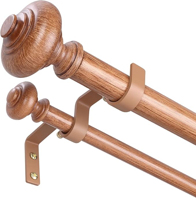 Wood Double Curtain Rods for Windows 36 to 72 inch, Boho Vintage Decorative 1 Inch Adjustable Dual Curtain Rod, Heavy Duty Farmhouse Double Drapery Pole with Imitation Wood Grain Finials