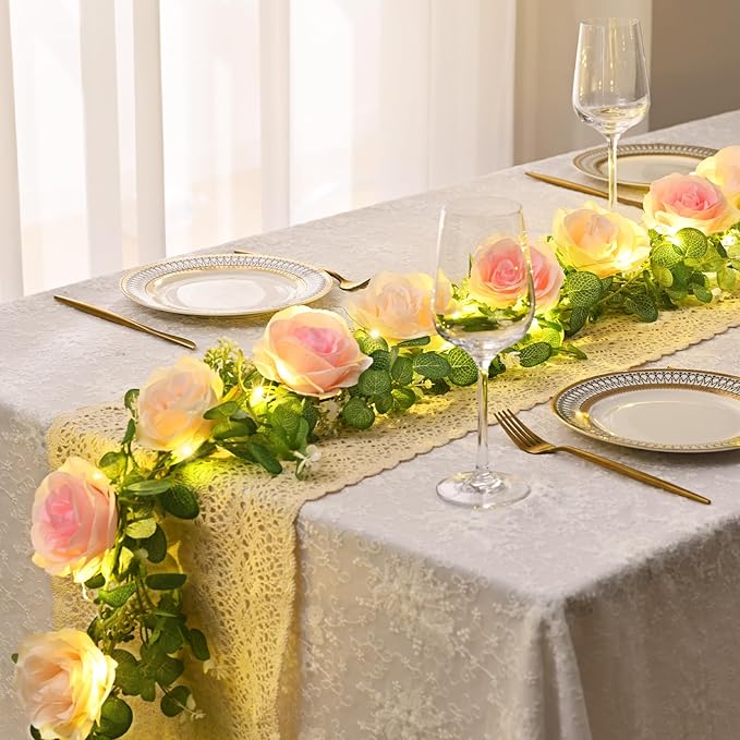 Dolicer 2Pcs 13Ft Artificial Eucalyptus Garlands with Flowers - 8 Roses, Faux Floral Greenery Garlands with 13Ft String Lights Fake Flower Vines for Wedding Table Centerpieces Arch Party Decor (Pink)