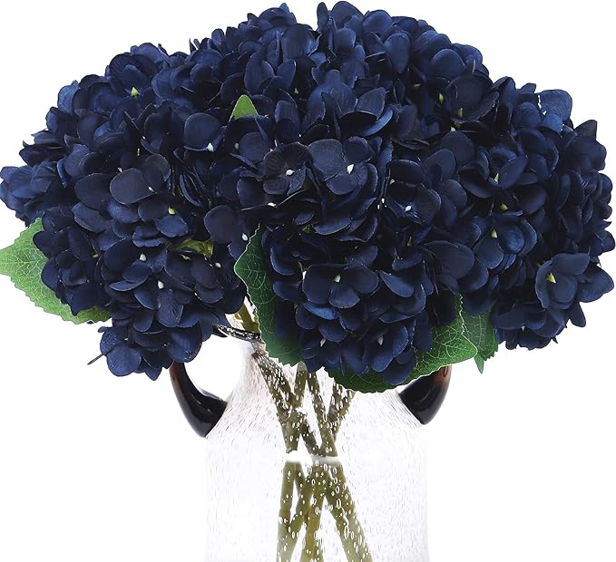 Kimura's Cabin 6pcs Navy Blue Artificial Silk Hydrangea Flowers Fake Hydrangeas with Stems Hydrangeas Bouquet for Wedding Home Halloween Party DIY Dining Table Decoration（Navy Blue）