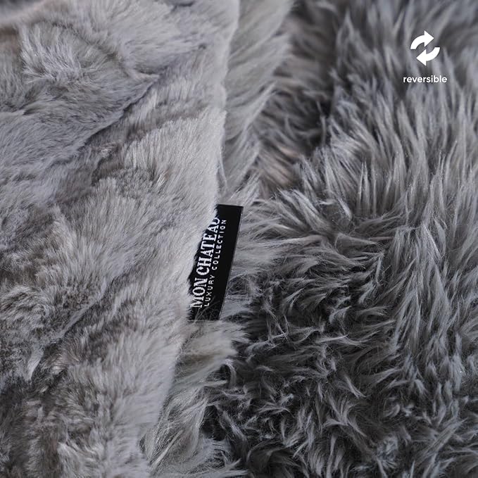 Mon Chateau 60" x 70" Hearthside Faux Fur Throw Blanket, Reversible Soft Blanket for Queen-Size Bed, Couch, or Sofa, Cozy Home Decor and Stylish Living Room Comfort, Winter Cream (Fog Stone Jacquard)