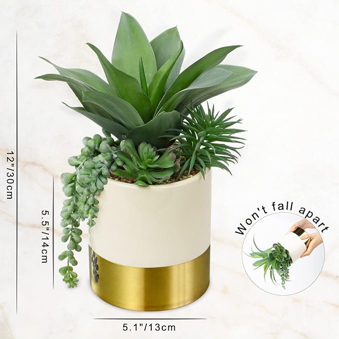 Hollyone Large Artificial Succulents Plants Faux Succulents 12" Fake Succulent Plants in Gold Ceramic Pot Succulent Plant for Desk Modern Home Living Room Office Table Shelf Decor
