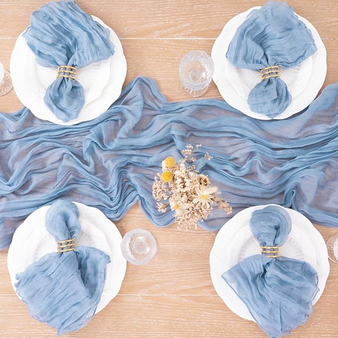 MLMC 12 Pack Dusty Blue Table Runner 10ft Boho Gauze Cheesecloth Valentines Table Runner 35x120 Inches Rustic Cheese Cloth Centerpiece for Wedding Bridal Shower Baby Shower Party Decor