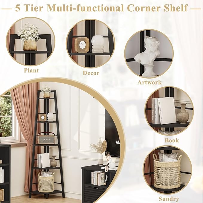 BON AUGURE Corner Ladder Shelf, 5-Tier Black Metal Wood Corner Bookshelf, Narrow Tall Bookcase Shelving Unit for Living Room, Home Office, Small Space (Black Oak)