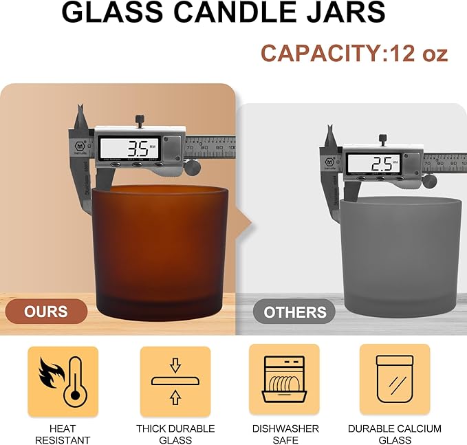 SHOWIN 12 OZ Thick Candle Jars for Making Candles 6 Pcs, Empty Amber Jars with Wood Lids for Spice Jars, Sample Container, Frosted Brown