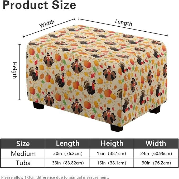 Thanksgiving Turkey Ottoman Cover - Non-Slip Elastic Rectangular Slipcover, Easy Care Furniture Protector for Holiday Gatherings, 33x30x15 Inch
