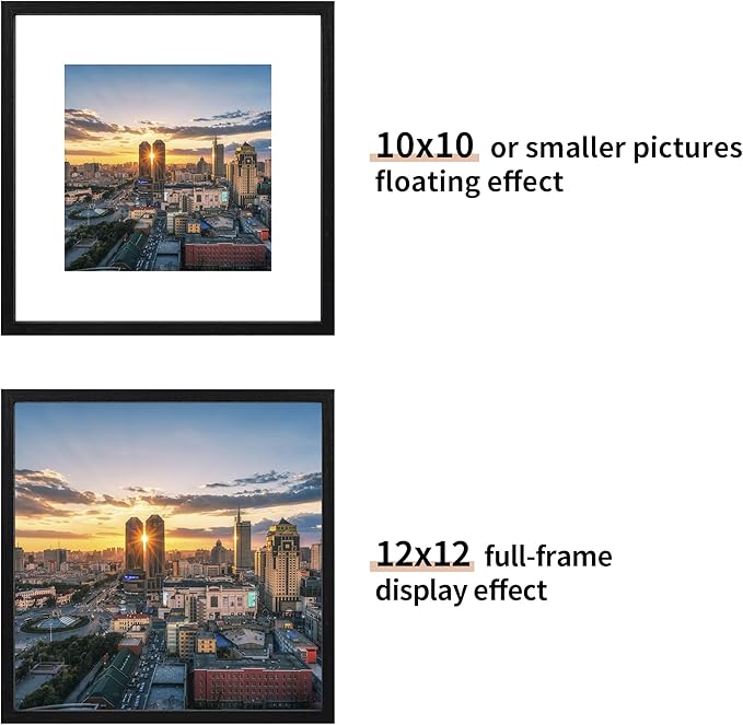 12x12 Floating Picture Frame Set of 2, Double Glass Photo Frame Wooden Frame for Wall Mount or Tabletop Displays for 8x10, 10x10 inch Pictures, Plane Edge Frames, Black