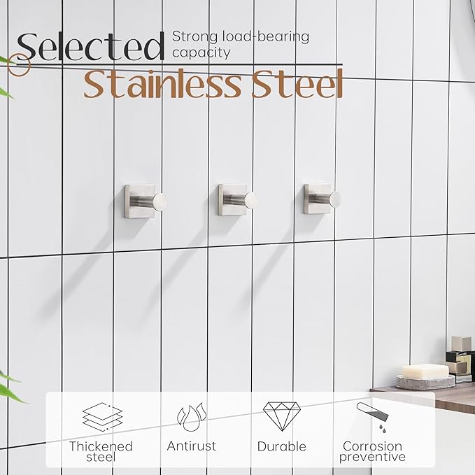 KOKOSIRI Bathrobe Hooks for Bathrooms Wall Mount Brushed Nickel Hand Towel Hook Holder for Shower Bathroom Hardware Stainless Steel 3 Pack, B1016BR-P3