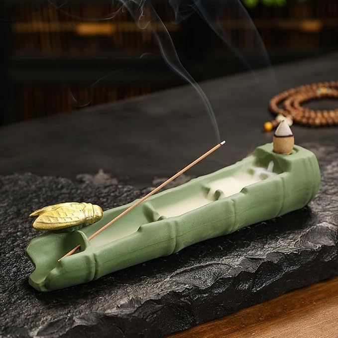Dual - Use Ceramic Incense Burner, Bamboo Joint & Cicada Design, Stick/Backflow Incense Holder for Aromatherapy.Handmade Large Incense Holder for Meditation Yoga SPA,Palo Santo/Sage/Cone/