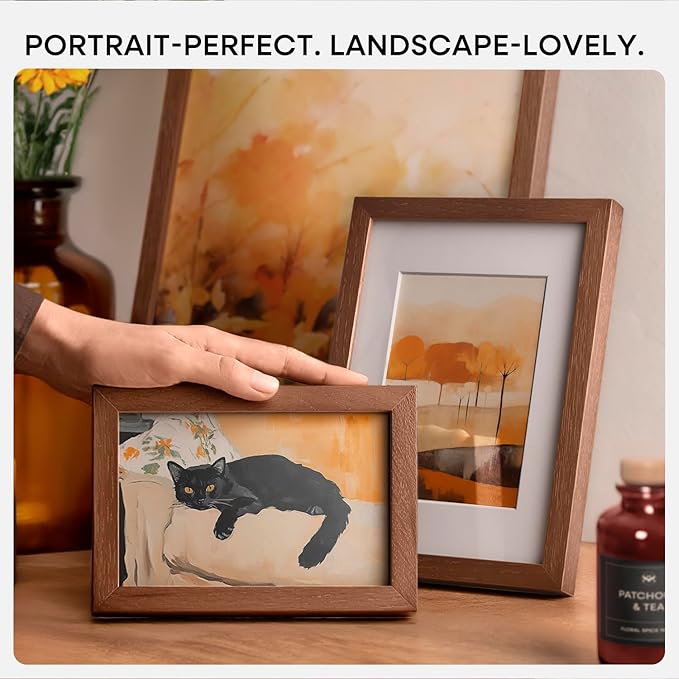 Homeforia A4 Picture Frame Brown Wood, High-End Dark Oak 8.3 x 11.7 Poster Walnut Frames Matted to 5.8 by 8.3 inch Photo, A4 Size Wooden Frame with Mat for A5 Print, Tempered Glass, Wall Kit, Set of 1