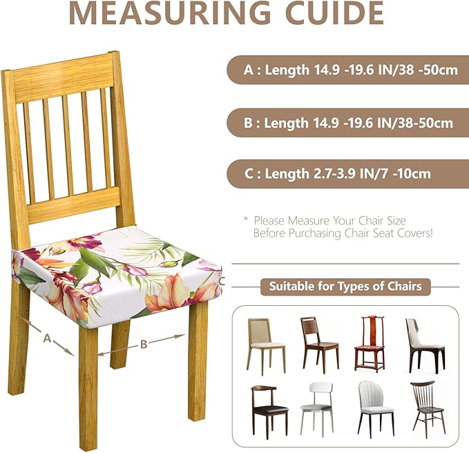 Stretch Dining Chair Seat Covers Set of 6,Dining Chair Slipcovers, Floral Printed Chair Covers,Soft Fabric Washable Upholstered Chair Seat Protector, No Rear Covers for Home Kitchen Dining Room