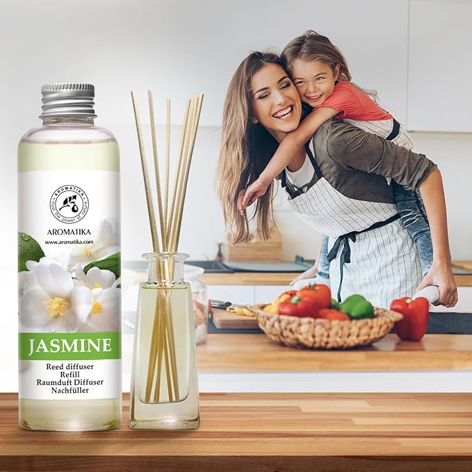 AROMATIKA Jasmine Essential Oil 200ml - Natural Reed Diffuser Refill for Long-Lasting Fragrance - Jasminum Officinale Oil - Air Freshener for Home, Office, Spa, Salon, Restaurant, Cafe, Bar