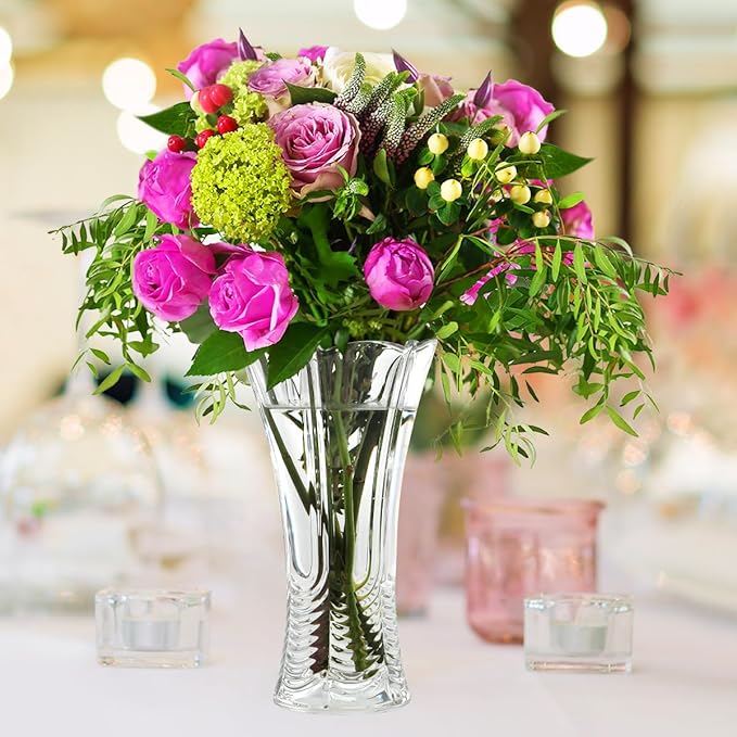 CS Crystal Vase 12-inch high, Water Ripple Design, for Flowers & Decor. Lovely Nice Shiny Piece. Perfect as a Gift, Suitable for All Occasions.