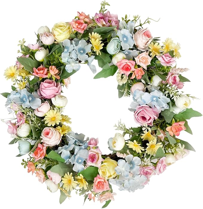 Artificial Wreath for Front Door, 16 Inch Spring Summer Wreath with Roses and Hydrangeas, Outdoor/Indoor All Season Home Decor, Farmhouse Wedding Wall Decor Gift