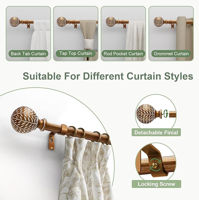 Gold Curtain Rods for Windows 72 to 144 Inch,1'' Diameter Drapery Rods with Imitation Wood Grain Leaf Pattern Finials,Boho Adjustable Heavy Duty Curtain Rods Set,36-150'',Antique-Gold Wood