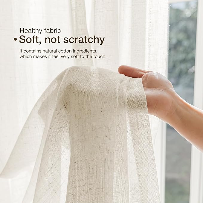 Anmao Natural Linen Curtains for Living Room 45 Inch Length 2 Panels Set, Light Filtering Semi Sheer Window Curtain Drapes for Bedroom with Curtain Rings and Clips, 52Wx45L, Ivory