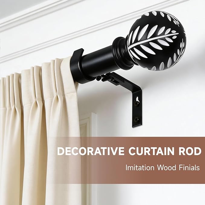 BRIOFOX Black Boho Curtain Rods for Windows 72 to 144 Inch - 1 inch Diameter Heavy Duty Curtain Rods with Imitation Wood Grain Leaf Pattern Finials,Adjustable Decorative Curtain Rods Set,28-144''