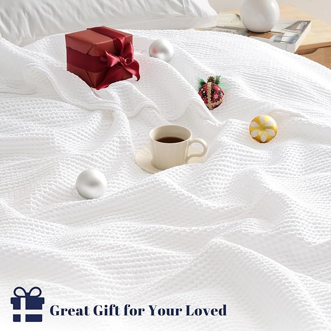 PHF 100% Cotton Waffle Weave Blanket Twin Size for Bed,Snag Proof Lightweight Breathable Moisture-Wicking Throw for Couch,Great for Layering in Cold Weather,Machine Washable,Home Decor Gift-White