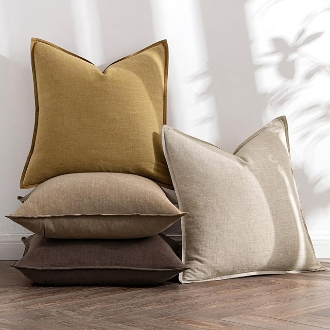 MIULEE Neutral Gold/Brown Linen Pillow Covers Pack of 4 Decorative Natural Solid Throw Pillow Covers Soft Accent Boho Farmhouse Couch Pillowcases Modern Home Decors for Living Room Bed Sofa 18x18 Inch