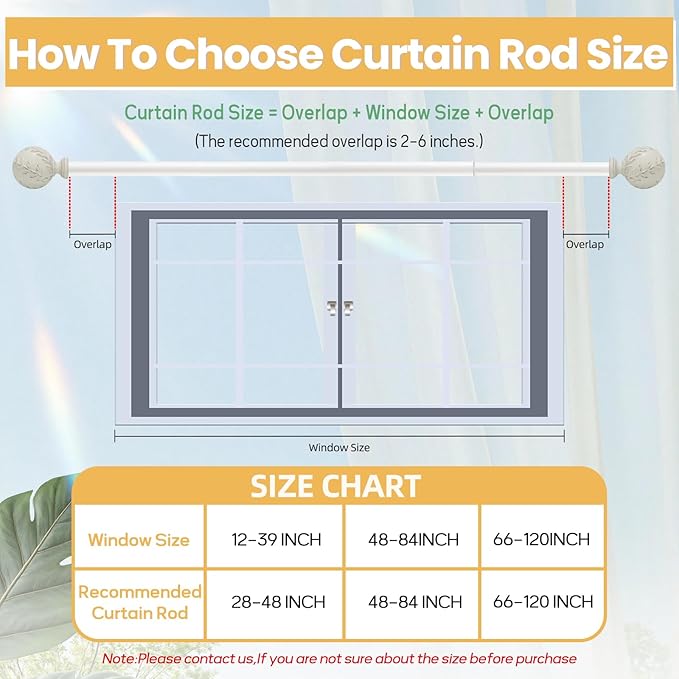 Curtain Rod for Windows 28 to 48 Inches: 1 Inch Heavy-Duty Adjustable Decorative Curtain Rod With Rustic Leaf Finials for Bedroom & Living Room.White