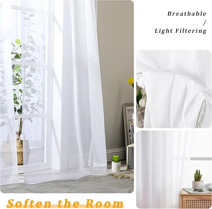 Gwine Sheer Curtains 2 Panels Set for Living Room, Rod Pocket Voile Lightweight Bedroom Curtains, White Light Filtering Solid Window Sheer Panels, Each 42" Wx78 L