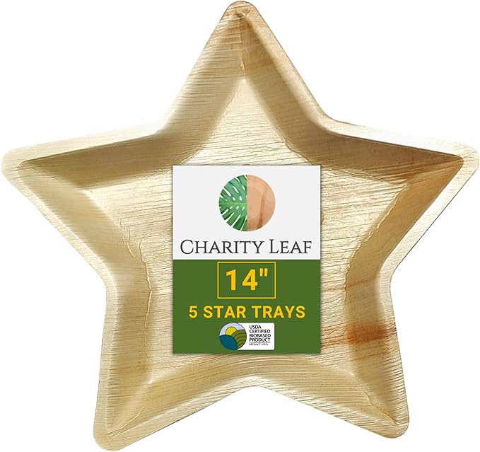 Charity Leaf Disposable Palm Leaf 14" Star Plates (5 pieces) Bamboo Like Serving Platters, Disposable Boards, Eco-Friendly Dinnerware For Christmas, Weddings, Catering, Events