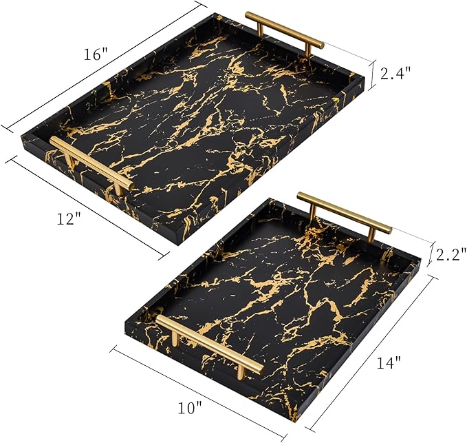 Modern Decorative Tray Set of 2 - Black and Gold Marble Wood Serving Tray with Gold Polished Metal Handles for Ottoman, Coffee Table, and More