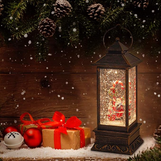 Christmas Musical Snow Globe Lantern, 12 Inch Spinning Glittering Lantern with 6 Hours Timer, USB Powered & Battery Operated for Christmas Decorations (Santa Claus and Candy Cane)