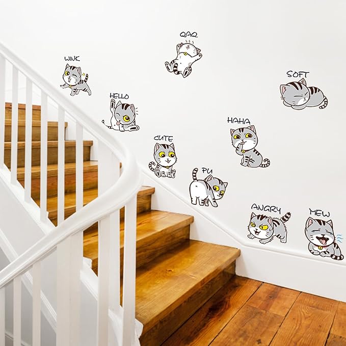 Adorable Cartoon Cat Expressions Wall Decals – Removable Vinyl Stickers with 9 Cute Emotions and Poses, Funny Cat Wall Art for Bedroom, Living Room, Office, or Home Decoration