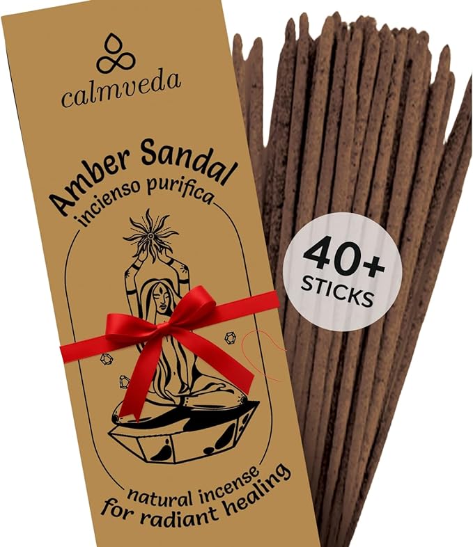 Sandalwood Amber Incense Sticks Resin - (40+ Sticks, 9 Inch) Thick Natural Amber Incense Sticks Made from Resins, Clean Charcoal Free | Warm Resinous - Sweet Aroma to Balance Energy & Cleanse Home