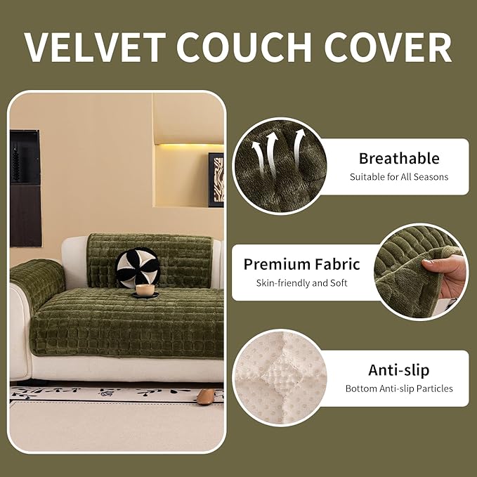 Velvet Couch Cover, Washable Sectional Sofa Cover, Anti Slip Sofa Slipcover for 3 Cushion Couch Sofa L Shaped Armrest Backrest, Furniture Protector Covers for Pets Kids(1PC,Green,36"×71")