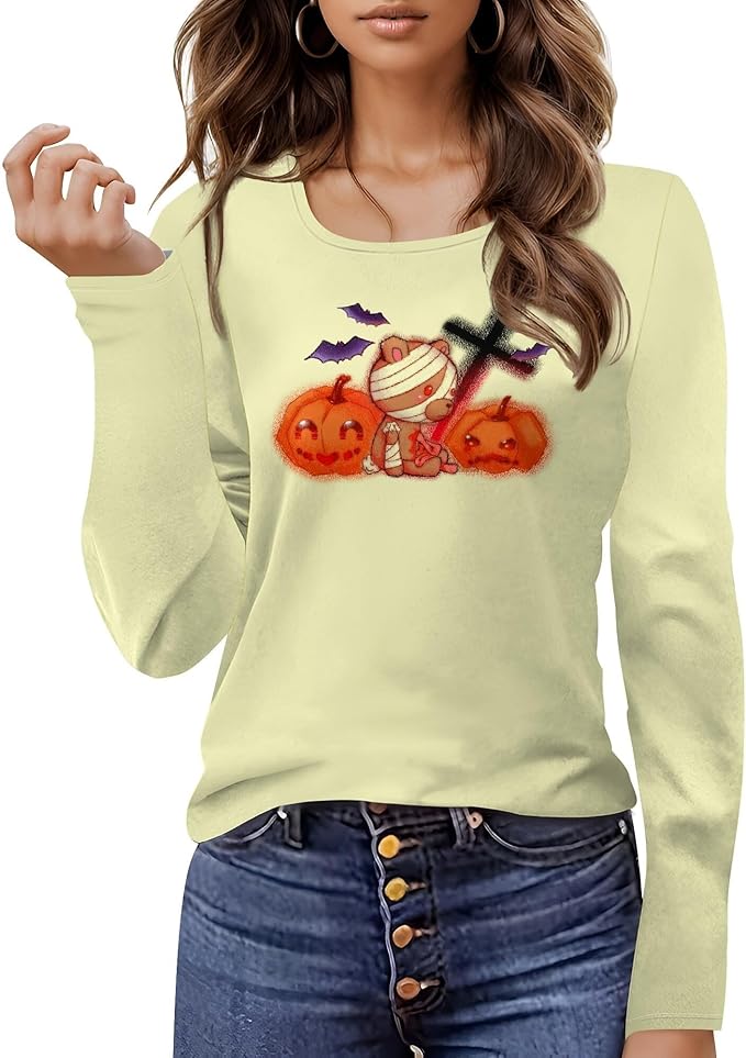 Halloween Sweatshirt Ghost Graphic U-Neck Sweatshirt Long Sleeve Breathable Plus Size Halloween Pullover Best Gift