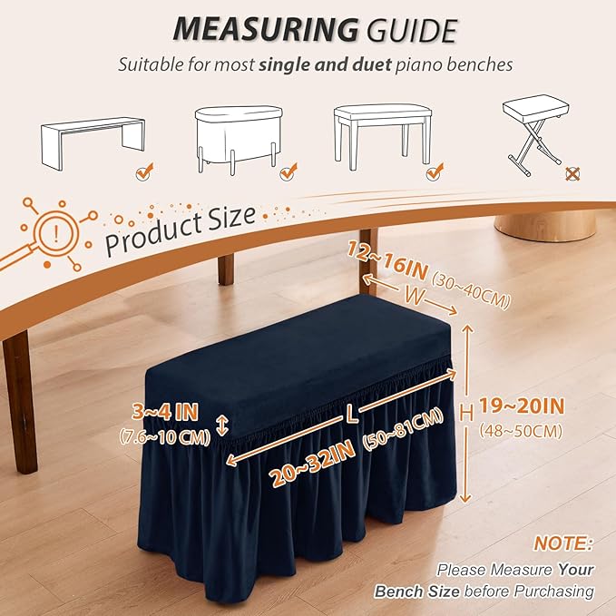 NICEEC Spandex Stretch Piano Bench Cover with Skirt Removable Ottoman Cover Rectangular Washable Stool Slipcover for Duet Piano Bench Seat Cushion Protector(NavyBlue)