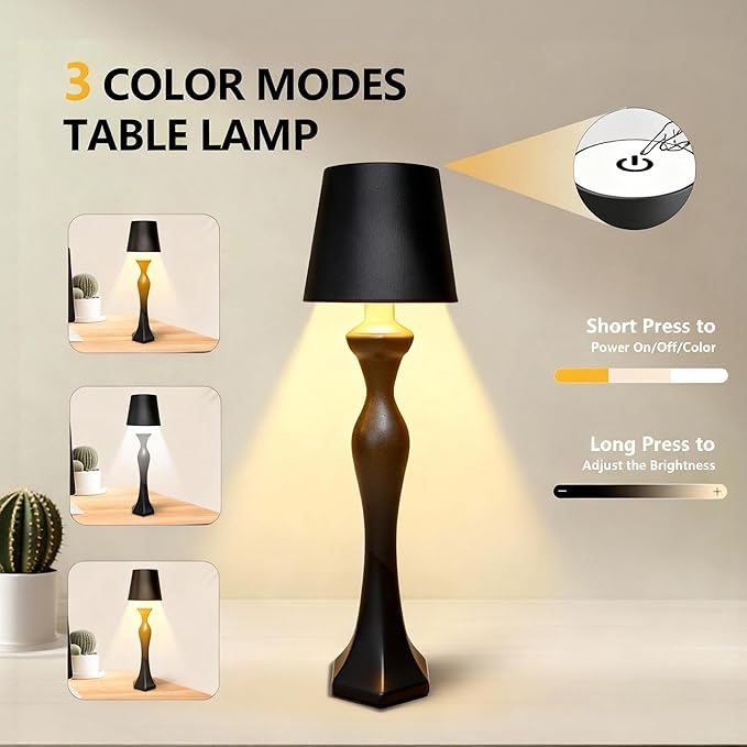 Cordless Table Lamp, Rechargeable Touch Lamp with 5200mAh Battery, 3 Color & Stepless Dimming, IP54 Waterproof Portable Night Light for Bedroom, Camping, Emergency, Ideal Gift for Women, Mom, Birthday