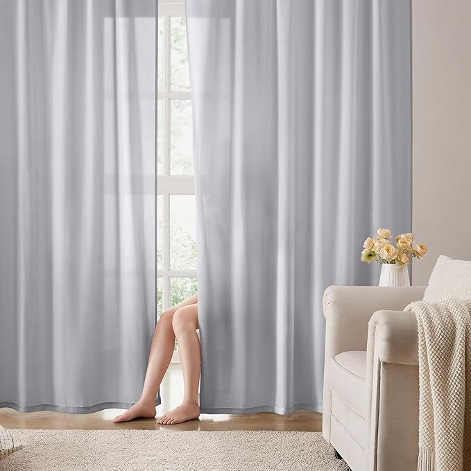 HOMEIDEAS Non-See-Through Light Grey Privacy Semi Sheer Curtains 84 Inches Long 2 Panels Set Light Filtering Curtains for Living Room Bedroom Drapes,W52xL84