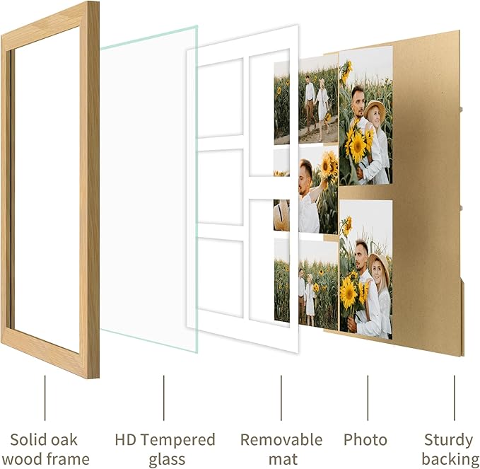 11x14 Picture Frame - 11 x 14 Photo Frame Made of Solid Oak Wood and Real Glass,Display Picture 5 Opening 4x6 with Mat or 11x14 Without Mat for Wall & Tabletop(Color Natural Oak)