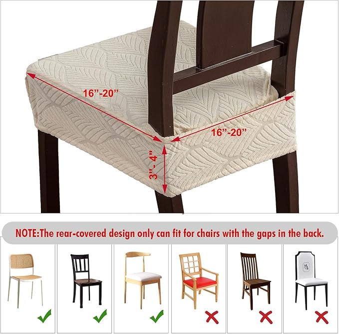 Removable Washable Dining Chair Seat Covers Set of 6,Stretch Jacquard Chair Seat Cushion Protector Slipcovers, Rear Covers