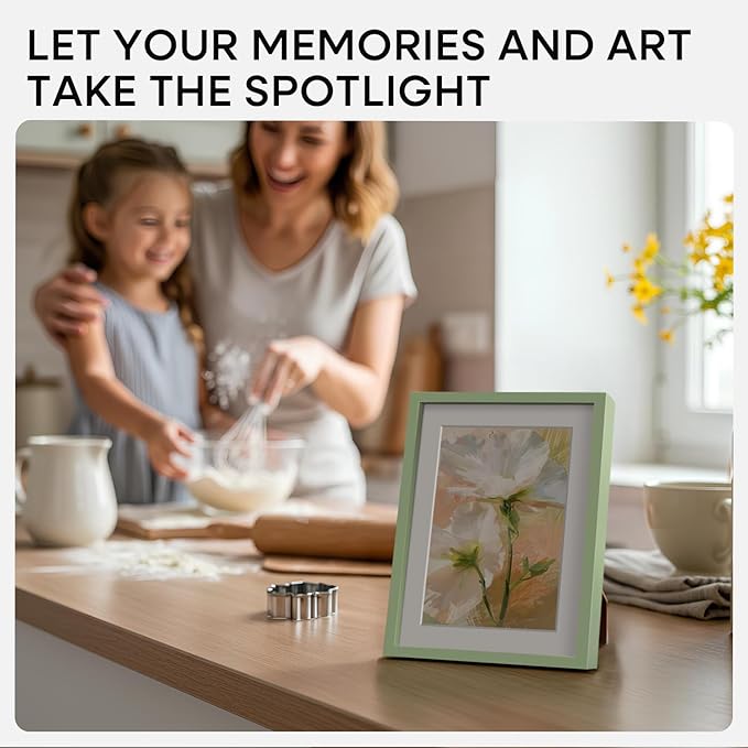 Homeforia 5x7 Picture Frame Sage Green, High End Metal 5 x 7 Frames with Mat 4 x 6 for Photo, 5by7 Desk Frame Matted to 4x6 inch Art, 5 by 7 Wall or Tabletop Frames, Tempered Glass, Wall Kit, Set of 2