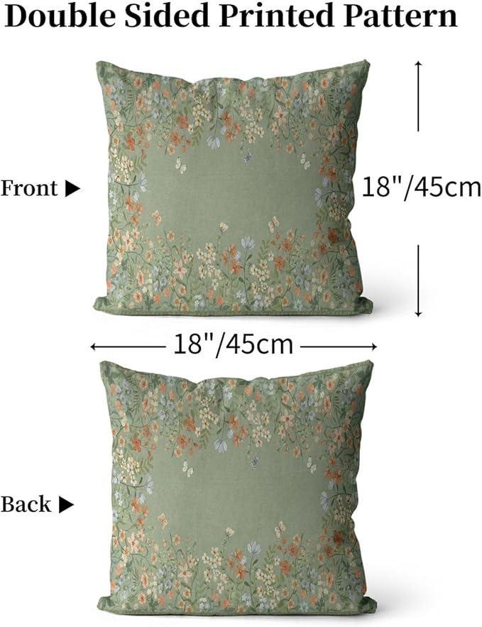 Floral Throw Pillow Covers 18x18 Inch Boho Wildflowers Throw Pillow Covers for Couch Green Decorative Pillowcases Rustic Nature Botanical Butterfly Farmhouse Sofa Cushion Cover Sets of 2