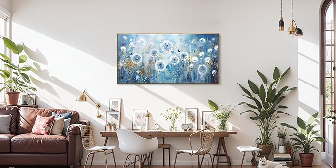 Wall Art Modern Artwork Blue Dandelion Wall Decor Floral Picture Canvas Painting for Living Room Bedroom Dining Room Home Office Decor 20"x40" with Framed