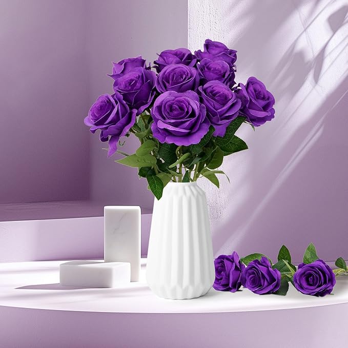 Flojery 10pcs Purple Silk Roses Artificial Rose Flowers Long Stem for DIY Wedding Bouquet Table Centerpiece Home Décor