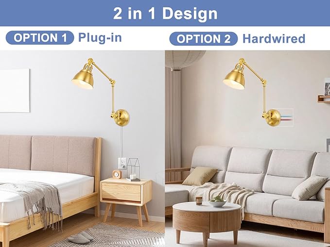 2 Pack Plug in Wall Sconces, Dimmable On Off Switch, Swing Arm Wall Lamps, Wall Sconces Set of Two, Gold Metal Industrial, Plug-in or Hardwired (Gold, Without Bulbs+Remote)