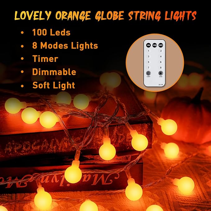 JMEXSUSS Orange String Lights Indoor, Connectable 100 LED Globe String Lights Plug in with Remote, 33ft 8 Modes Orange Christmas Lights Outdoor for Bedroom Thanksgiving Party Fall Holiday Decor