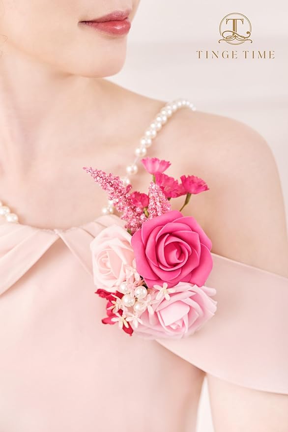 TINGE TIME Artificial Shoulder Corsages Flowers, Set of 2, Mother of The Bride Floral Corsage for Wedding Ceremony Anniversary Formal Dinner Party (Hot Pink)