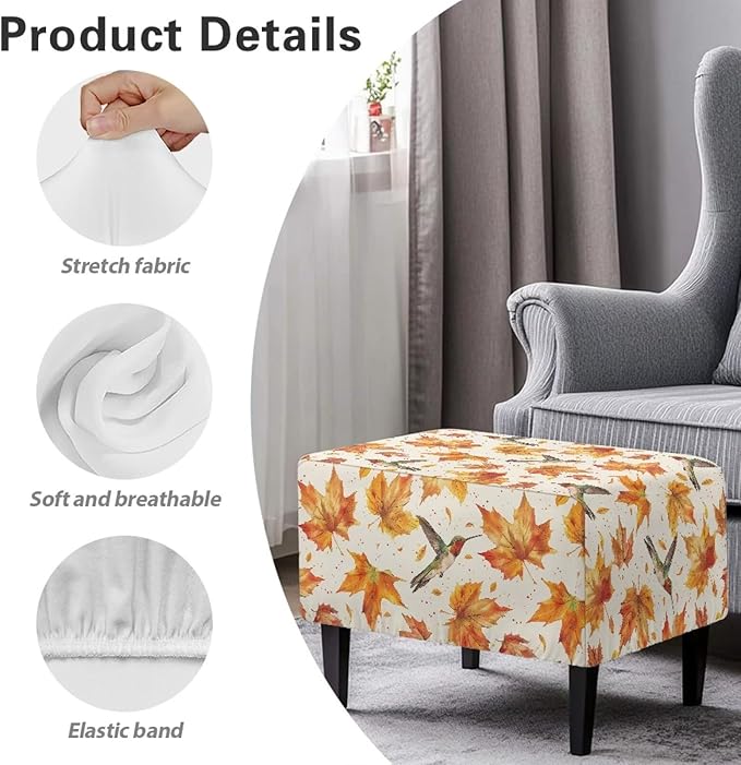Fall Maple Leaves Ottoman Cover with Hummingbird - Elastic Stretch Slipcover, Machine Washable Furniture Protector for Rectangular Footstools, 30x24x15 inch