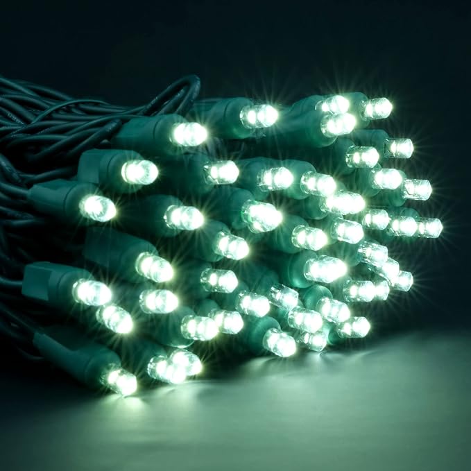 YULETIME Cool White 5MM LED Christmas Lights, 50 ft 100 Count 6" Spacing One-Piece High Waterproof Wide Angle UL Certified String Light (6“ Cool White - Green Wire)